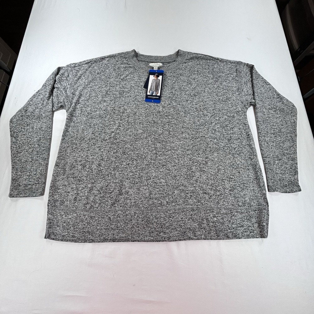 NEW Lucky Brand Women's L Gray Sweater Lightweight Pullover Relaxed Crew Neck